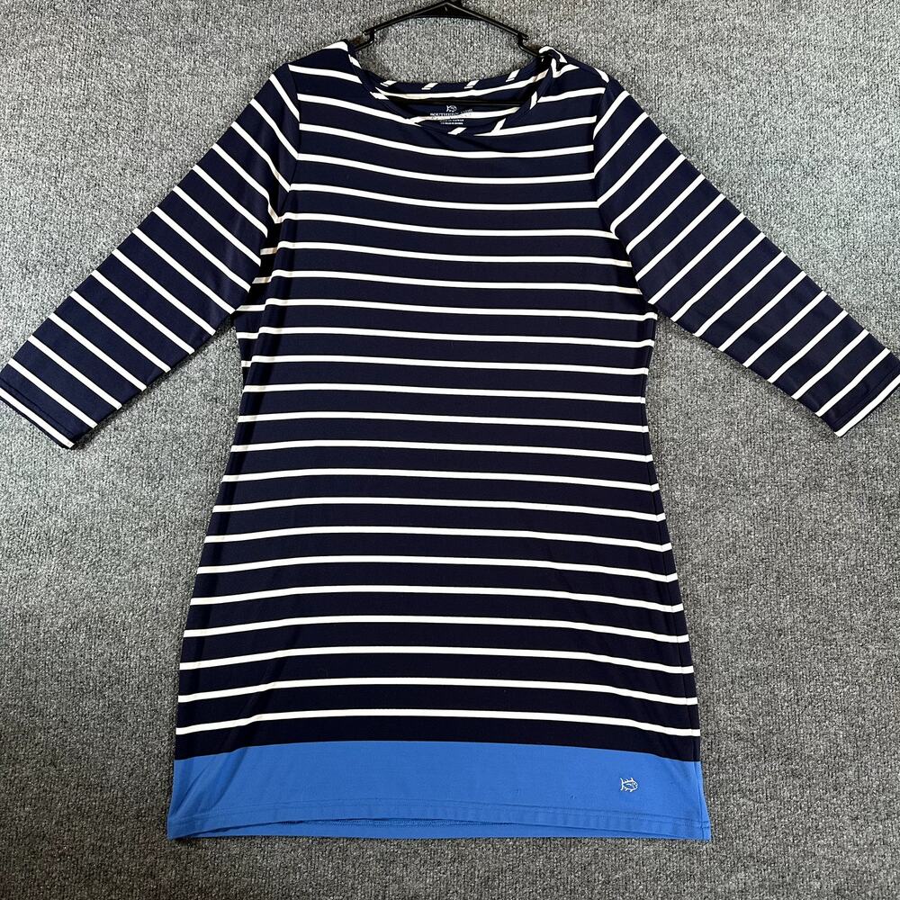 Southern Tide Dress Womens L Navy White Striped Blue 3/4 Sleeve Shift Stretch